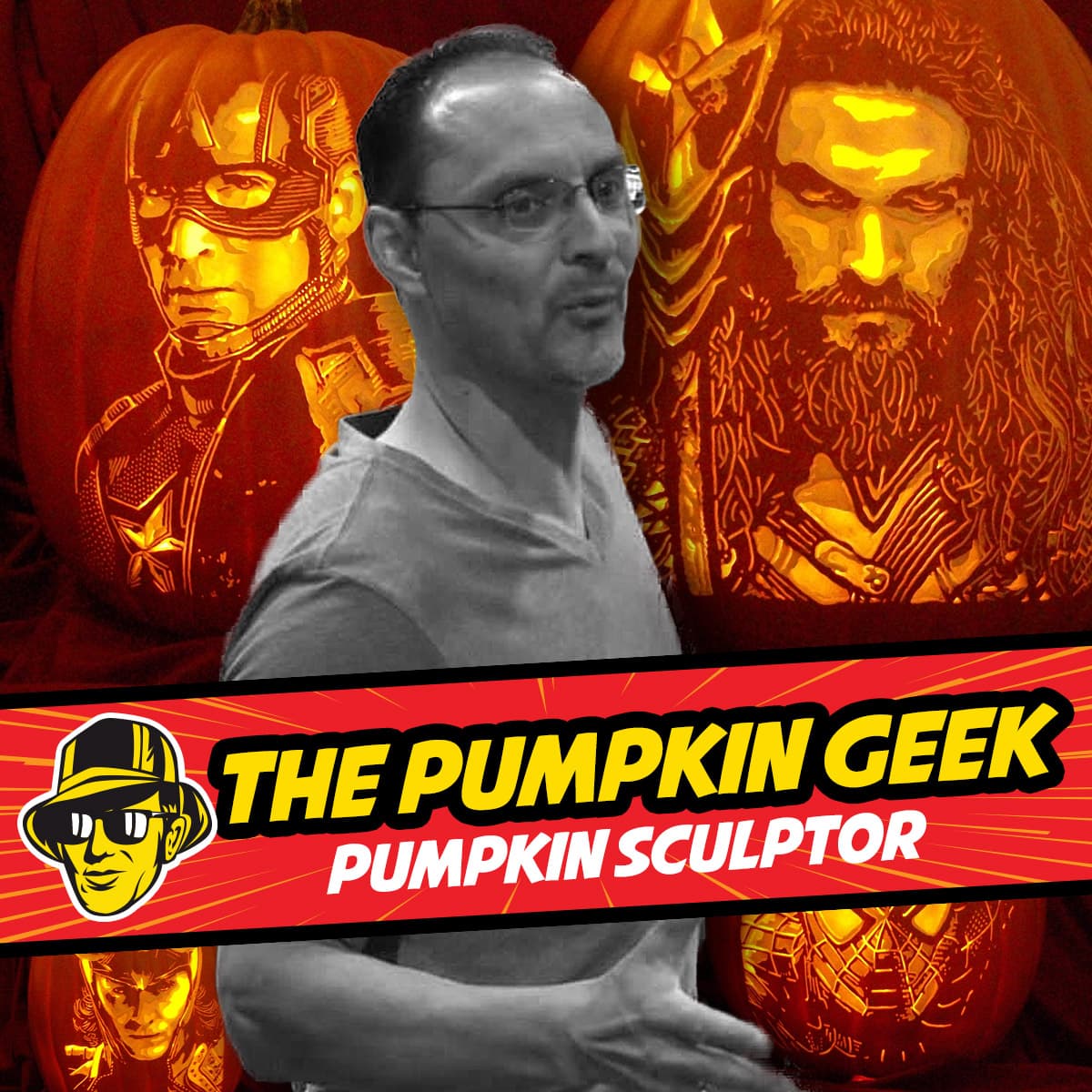 Celebrity Fan Fest special guest artist The Pumpkin Geek in front of comic movie pumpkin carvings