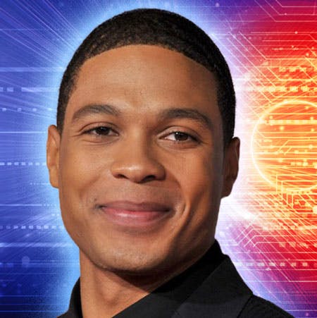 Headshot of Celebrity Fan Fest guest Ray Fisher on red and blue background