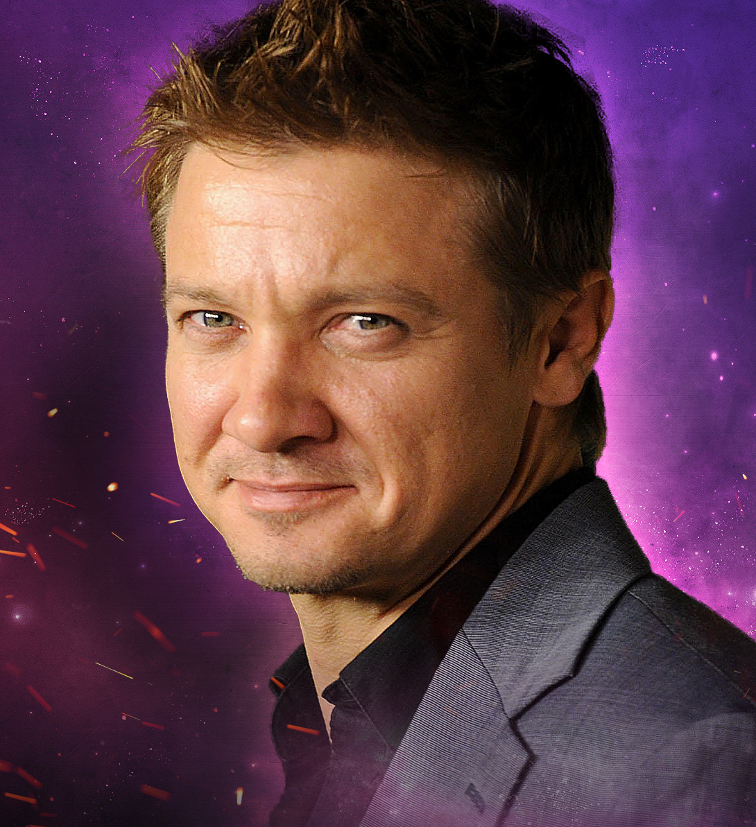 Headshot of Celebrity Fan Fest guest Jeremy Renner on purple background