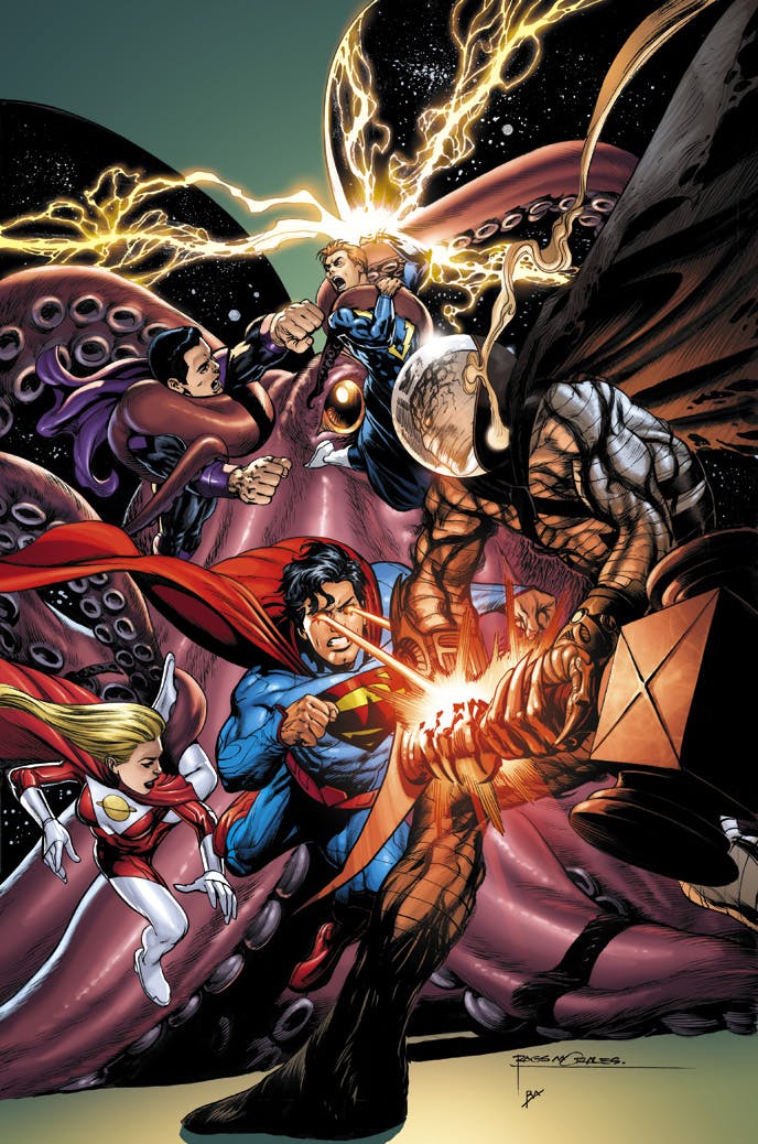 Superman and team fighting bad guys
