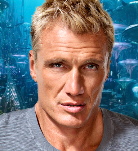 Headshot of Celebrity Fan Fest special guest Dolph Lundgren with background of Atlantis from the "Aquaman" movie